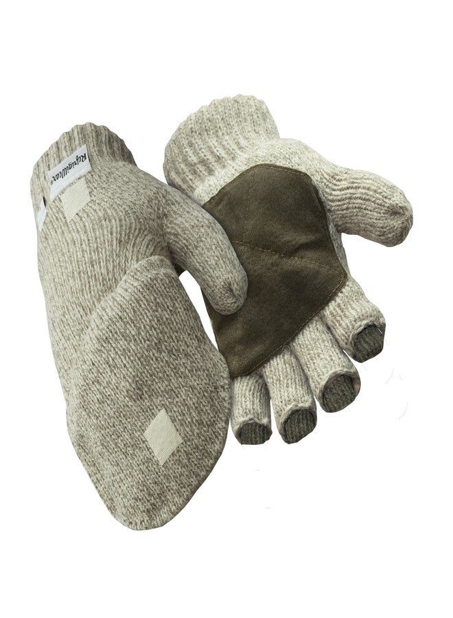 RefrigiWear Thinsulate Insulated Ragg Wool Convertible Mitten Fingerless Gloves with Suede Palm (Brown, Large) - Image 1